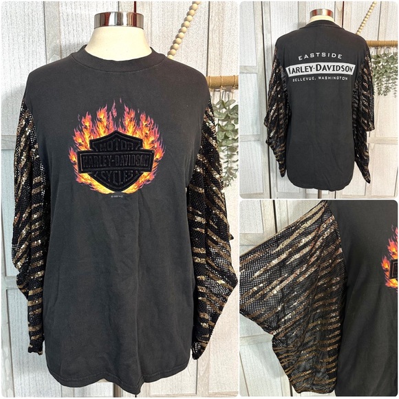 Harley Davidson OPD NY Fly Flutter Sleeve Sequin Tee One Size Vintage Reworked